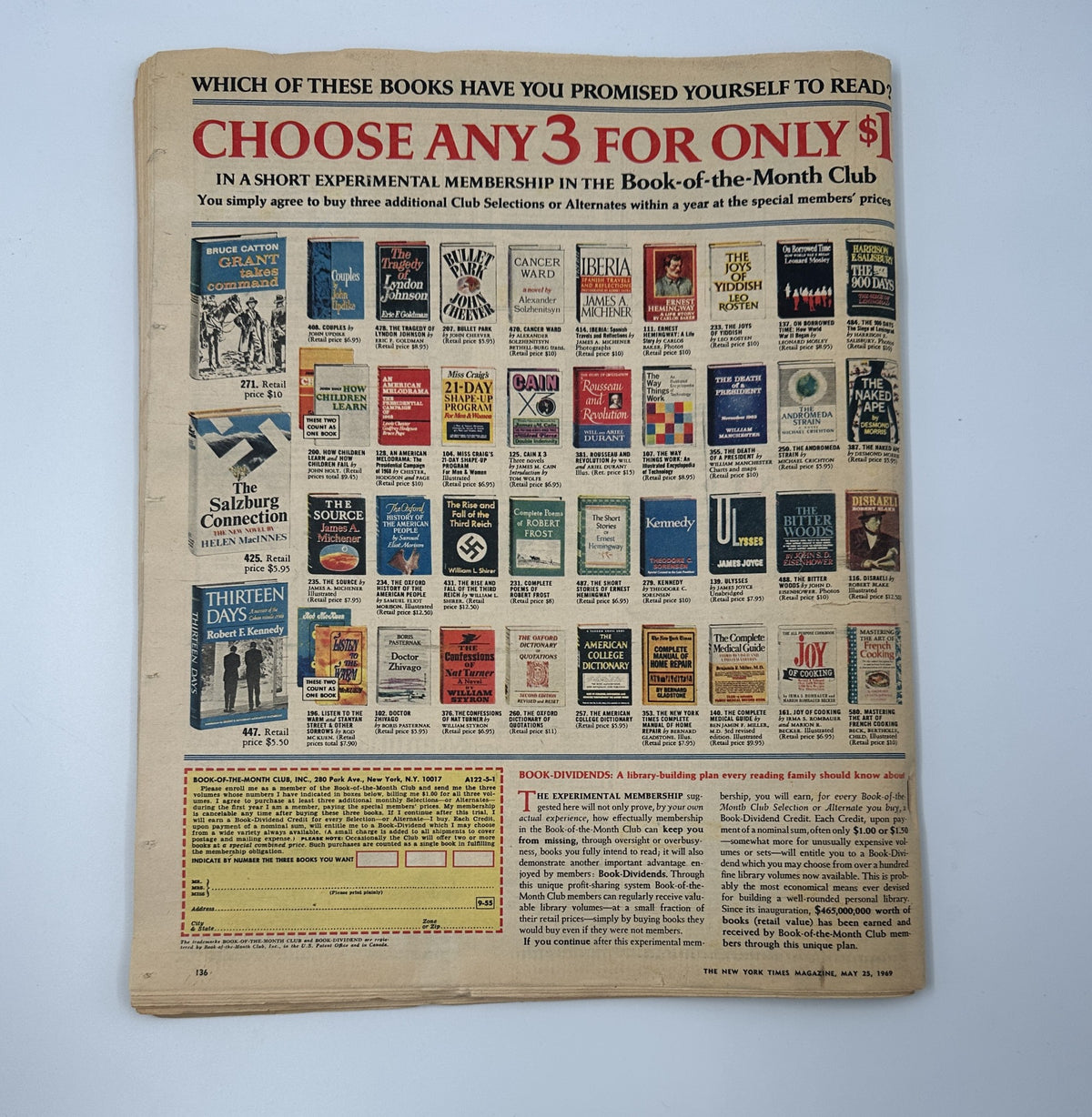 The back cover of The New York Times Magazine May 25, 1969 featuring an advertisement for book promotions from the Book-of-the-Month Club, reflecting the reading culture of the time.