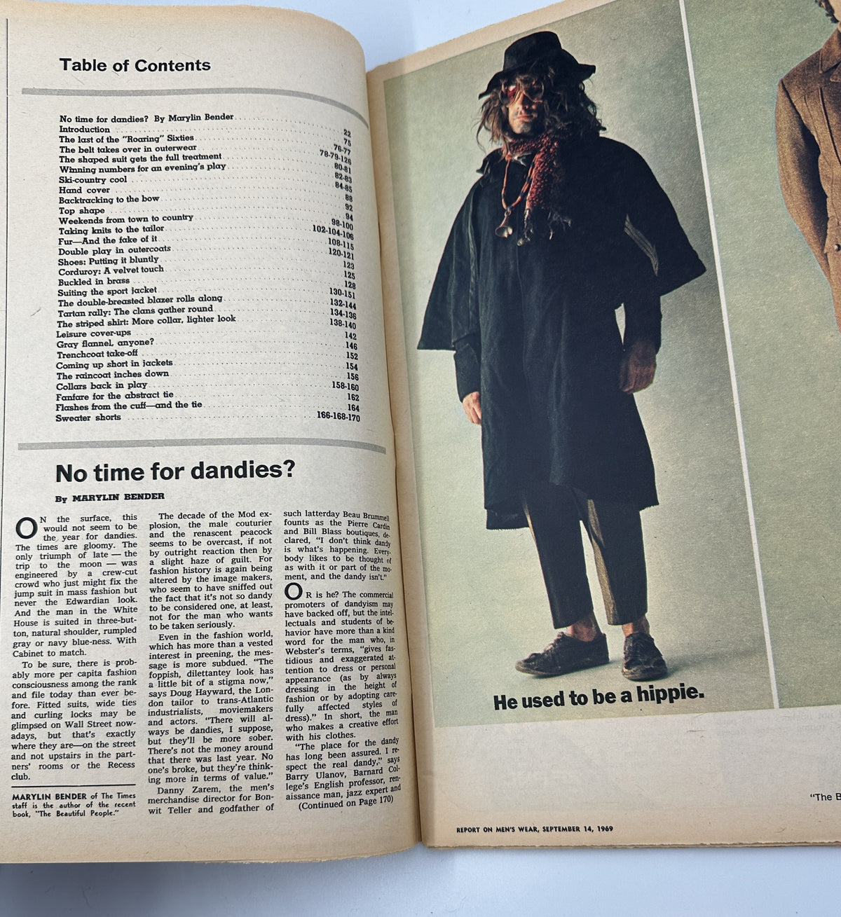 Inside page of The New York Times Magazine September 14, 1969 showing the Table of Contents with an article titled 'No time for dandies?' by Marylin Bender.