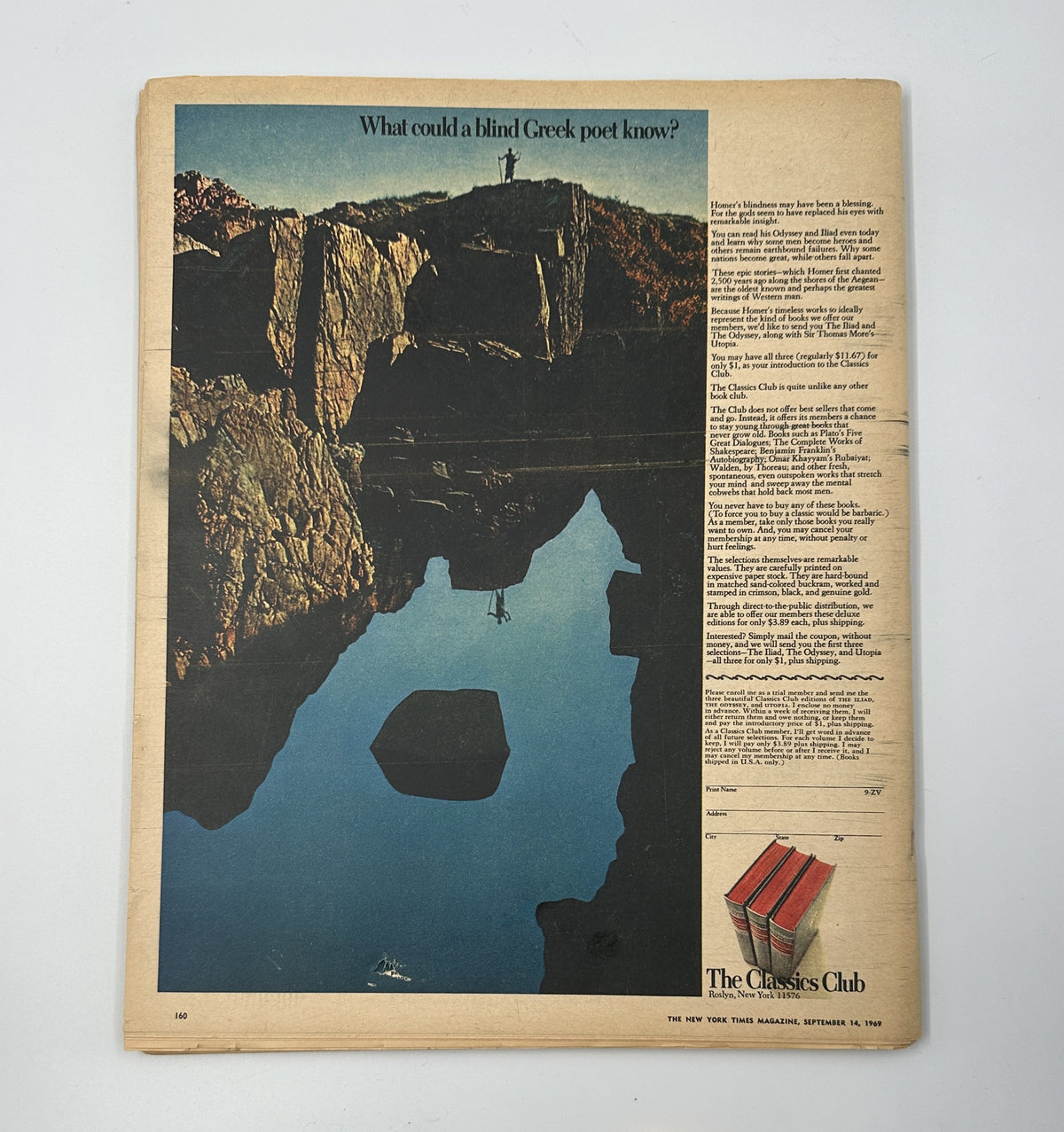 Back cover of The New York Times Magazine, September 14, 1969 edition, featuring a silhouette of a person standing on rocks by a reflective body of water, with an intriguing text related to Greek poetry and literature, highlighting the magazine's vintage aesthetics.