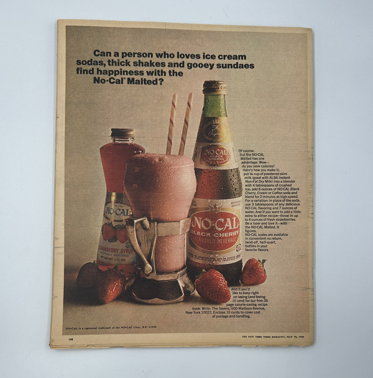 Back cover of The New York Times Magazine dated May 18, 1969 featuring a vintage advertisement for No-Cal malted drinks showcasing ice cream sodas and shakes.