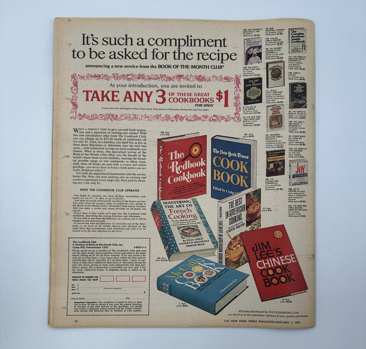Back cover of The New York Times Magazine January 7, 1973, advertising a cookbook offer from the Book of the Month Club, showcasing various popular cookbooks available for a promotional price.