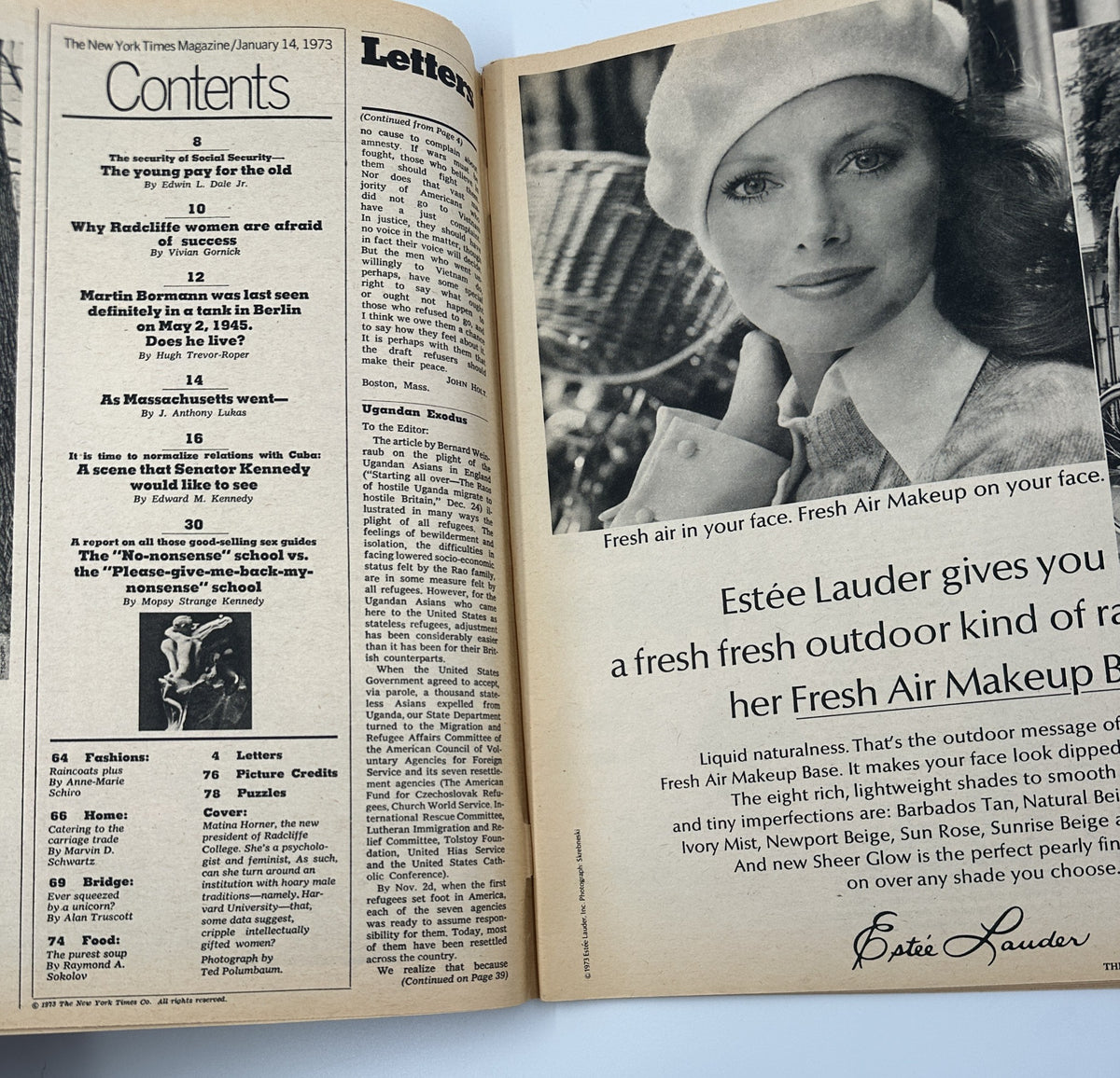Table of Contents of The New York Times Magazine January 14, 1973, detailing articles on social issues, women's success, and historical figures, emphasizing the magazine's diverse content.