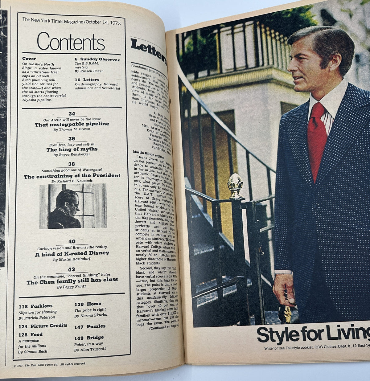 Interior page of The New York Times Magazine from October 14, 1973, showcasing the Table of Contents, including notable articles like 'That unstoppable pipeline' and 'The king of myths'.