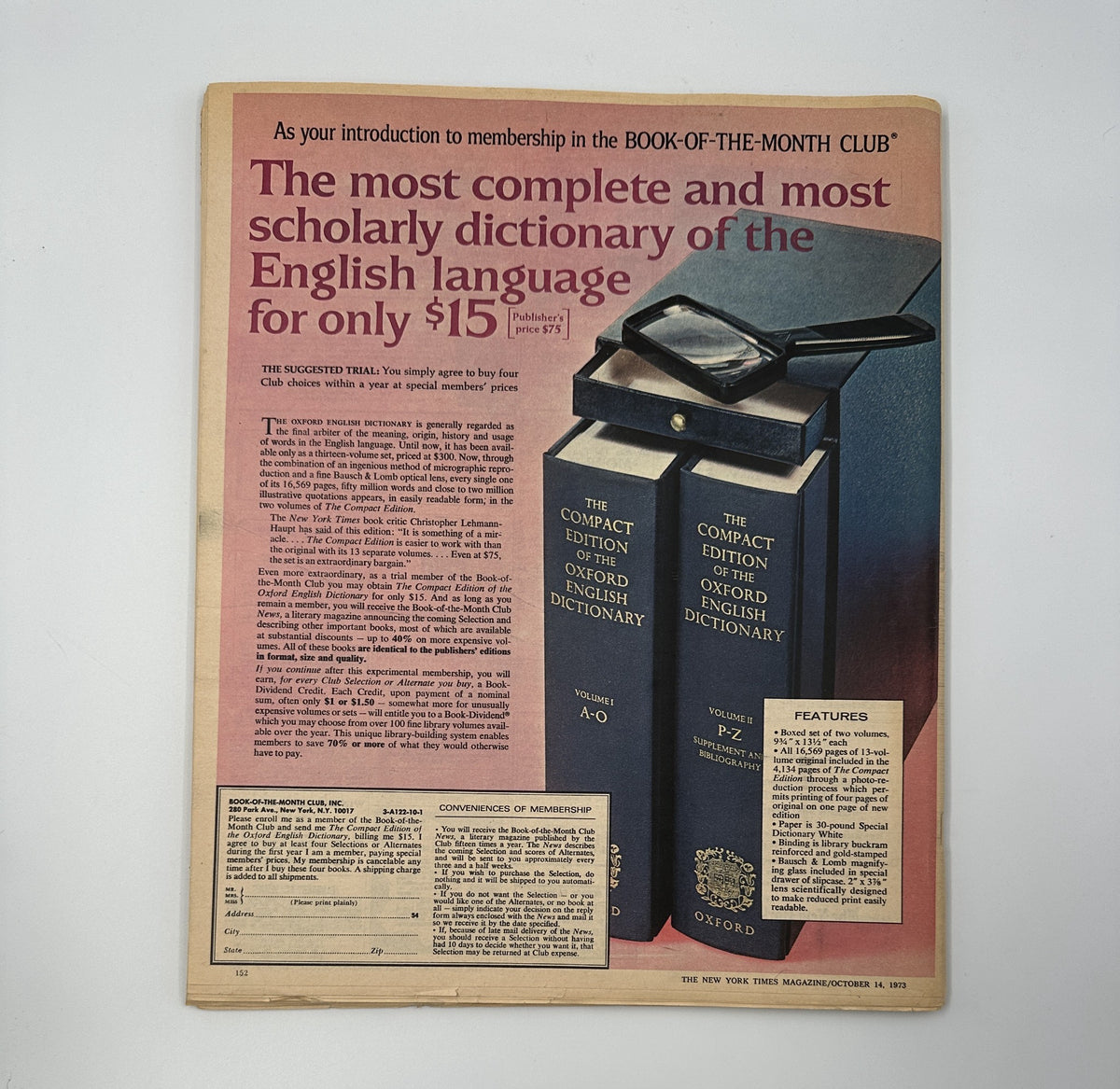 An advertisement from The New York Times Magazine October 14, 1973 promoting the most complete and scholarly dictionary of the English language for only $15, featuring a close-up of the Compact Edition of the Oxford English Dictionary.