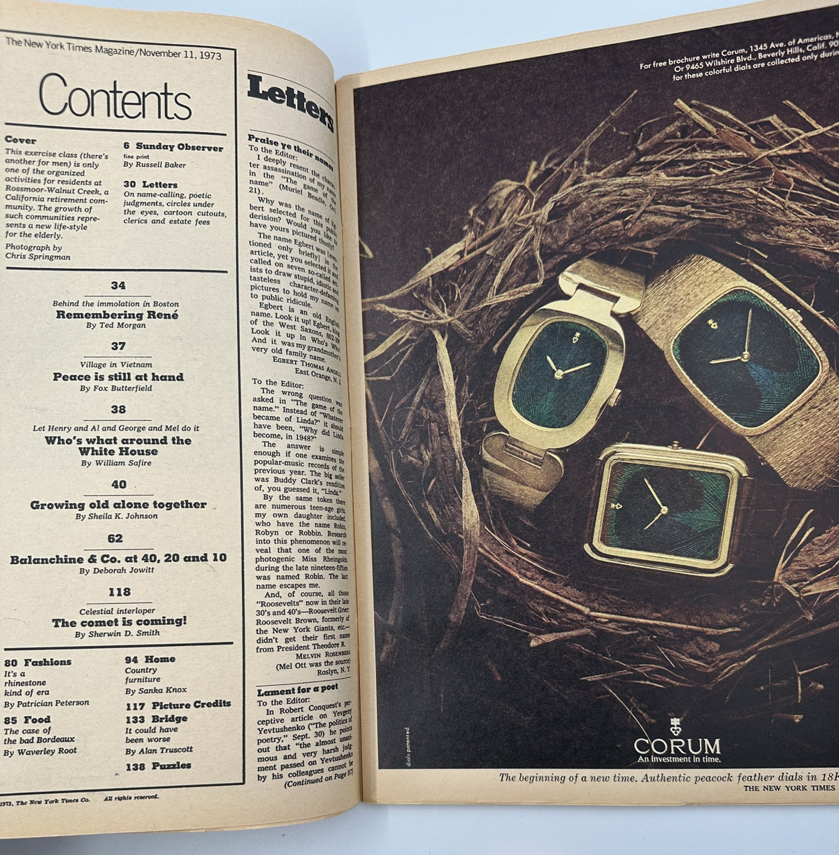 The New York Times Magazine November 11, 1973 Growing Old Alone Cover, featuring the Table of Contents with a list of featured articles including 'Growing Old Alone Together' and others, set against a dark background.