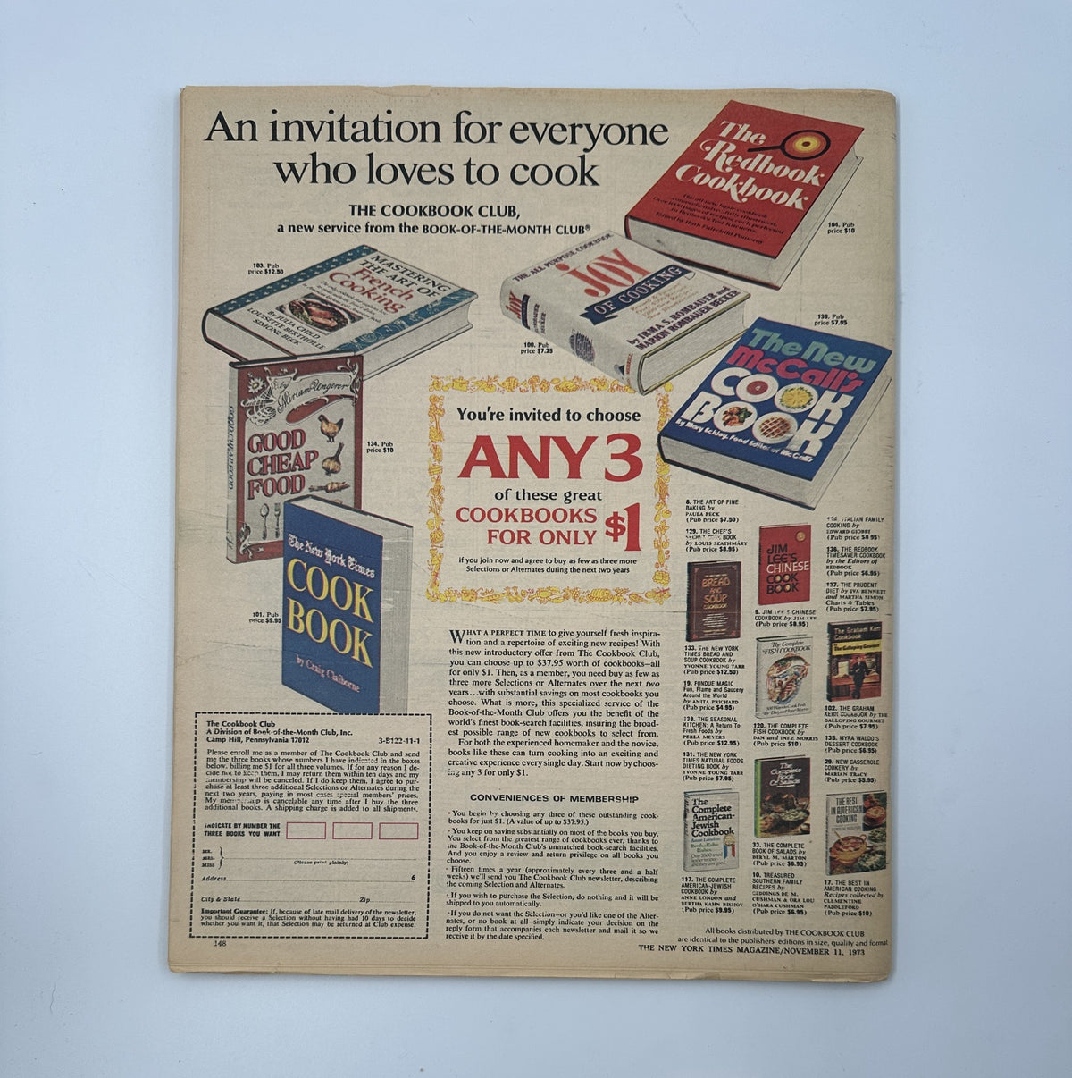 The New York Times Magazine November 11, 1973 Growing Old Alone Cover, showcasing an advertisement for The Cookbook Club with a promotional offer for cookbooks, highlighting various cookbook titles featured in the magazine.