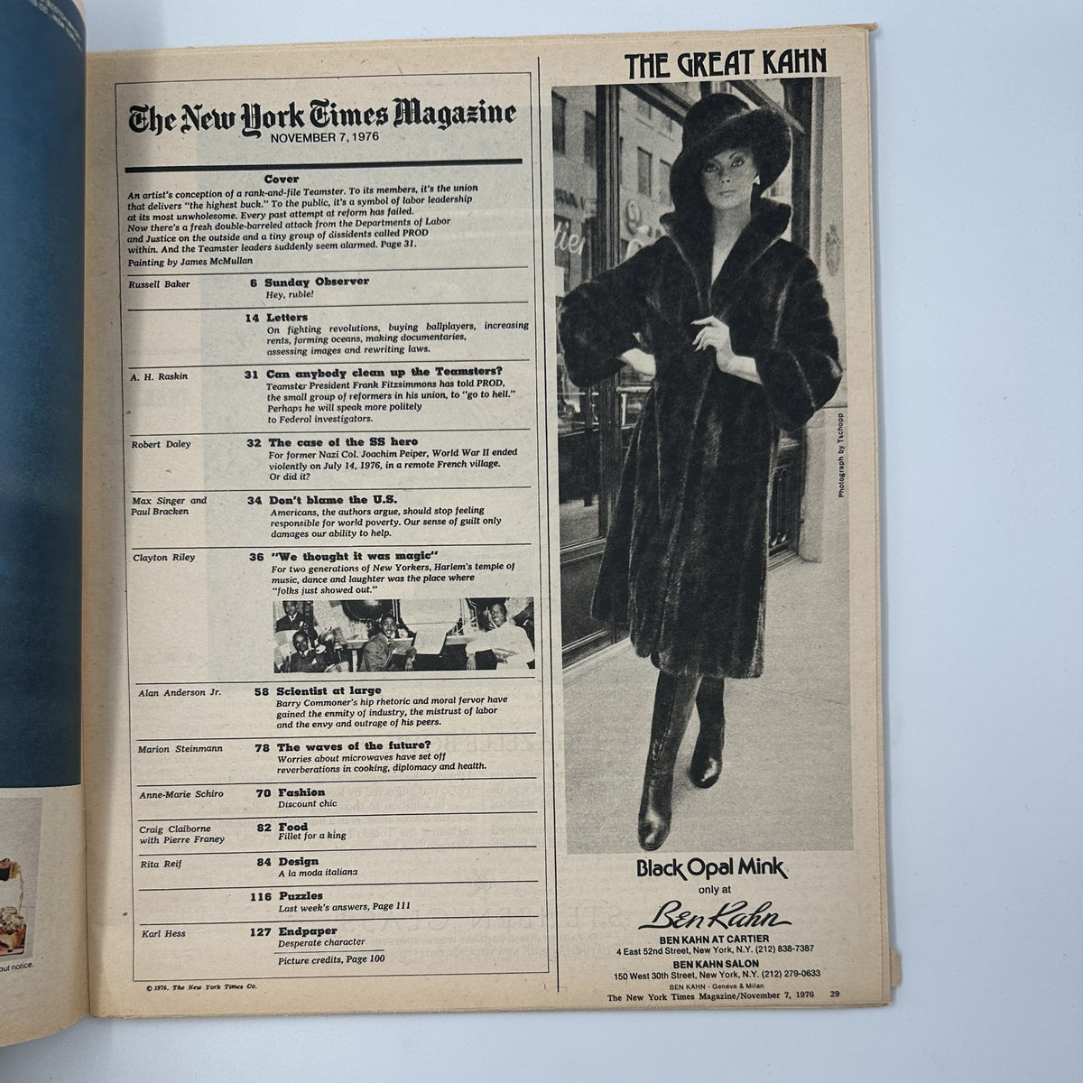 An interior page from The New York Times Magazine November 7, 1976 listing the Table of Contents including articles on labor, letters, and commentary, featuring a model in a stylish coat by Ben Kahn.
