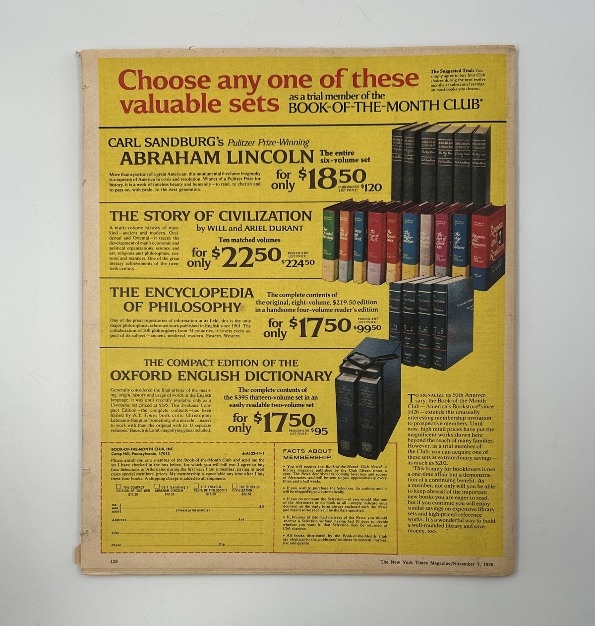 The back cover of The New York Times Magazine November 7, 1976 featuring an advertisement for book sets including Carl Sandburg's Lincoln, The Story of Civilization, and The Encyclopedia of Philosophy.