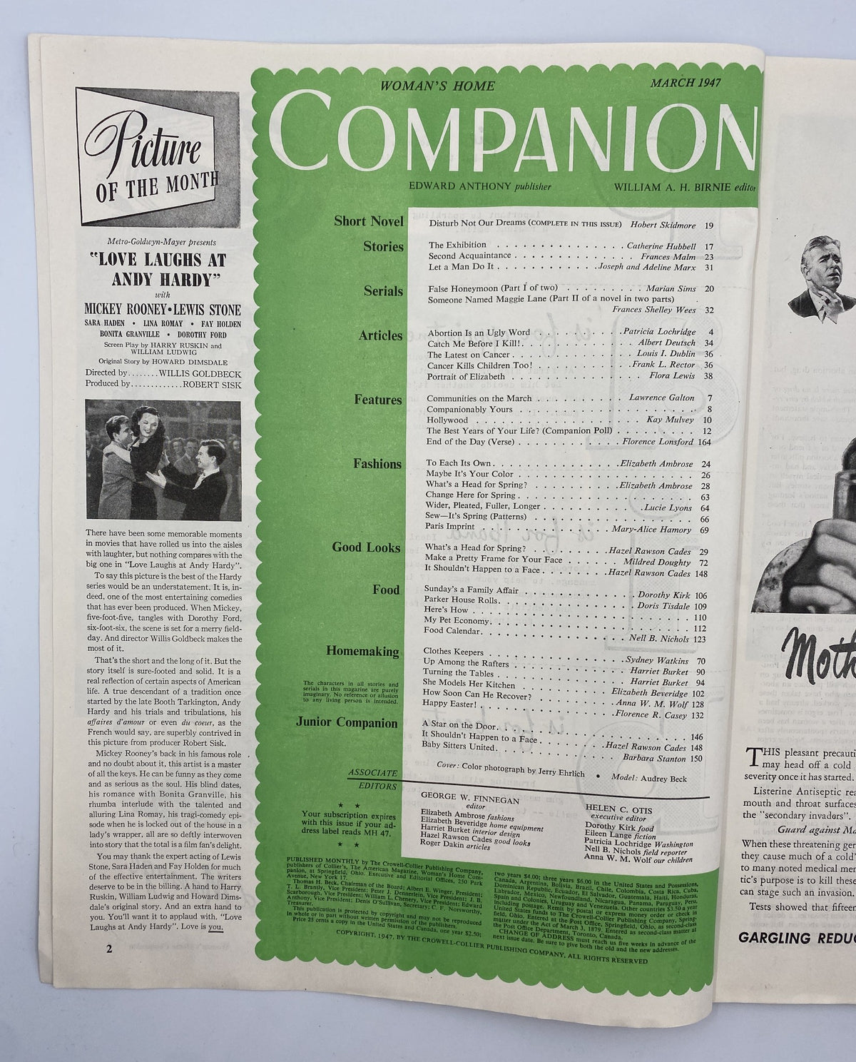 Inside page of Woman’s Home Companion Magazine March 1947 displaying the Table of Contents, featuring section titles such as 'Short Novel', 'Stories', and 'Homemaking', along with various articles.