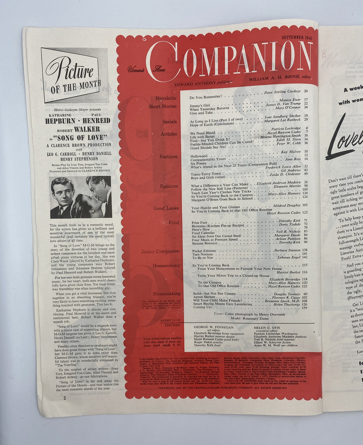 Table of Contents page from Woman’s Home Companion Magazine, September 1947, detailing articles, novelettes, and features, presented on a vibrant red background.
