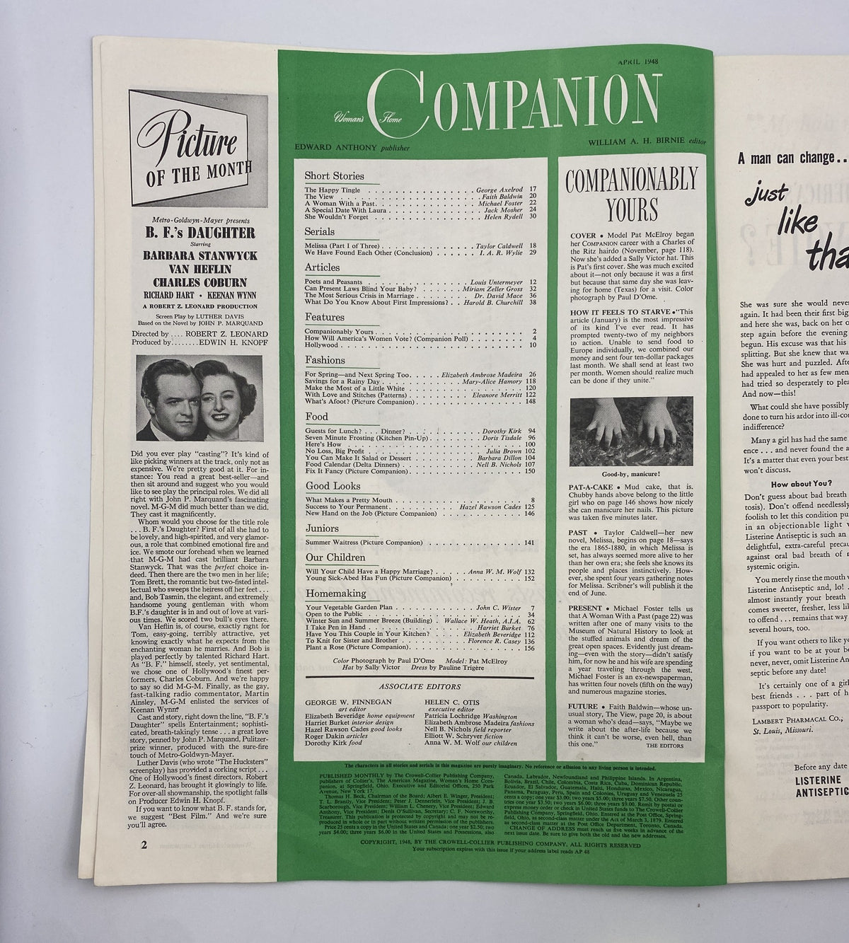 Inside page of Woman's Home Companion Magazine April 1948 displaying the Table of Contents, including short stories, articles, and features, set against a green background with the magazine's title 'COMPANION' at the top.