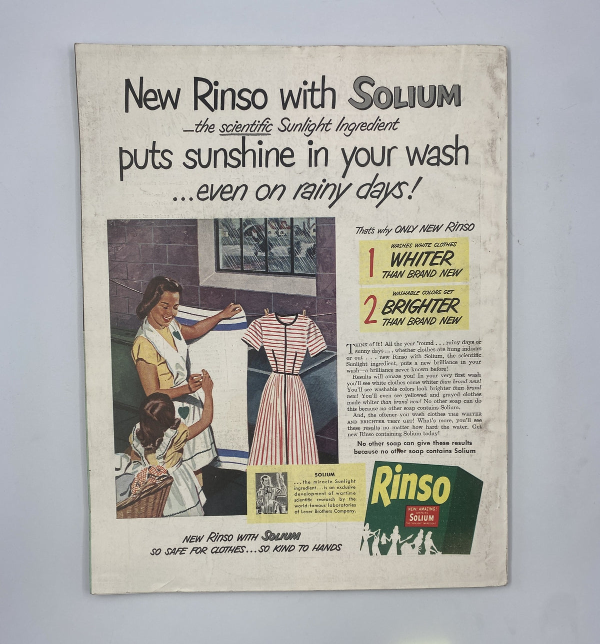 Back cover of Woman’s Home Companion Magazine, June 1948, advertising New Rinso detergent with images and details on its benefits for laundry.