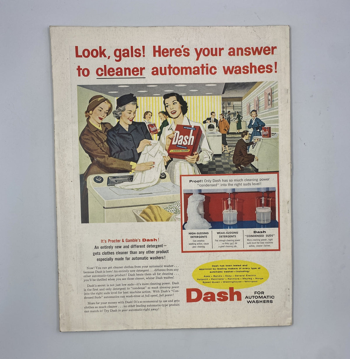 Back cover of Woman’s Home Companion Magazine from June 1956 advertising Dash automatic washers, aimed at women, emphasizing cleaning power and household tips.