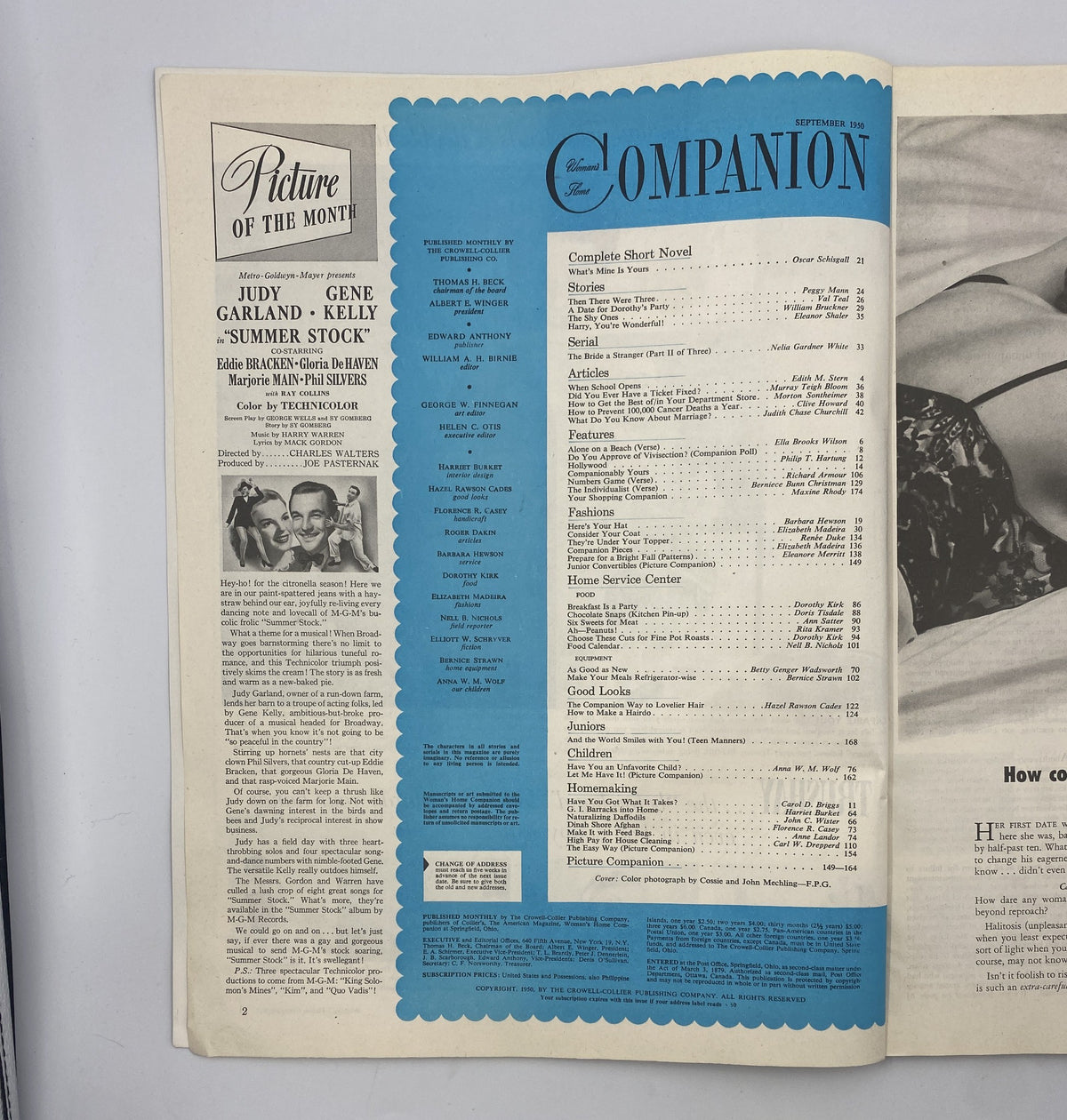 Inside page of Woman's Home Companion Magazine September 1950 displaying the table of contents with articles and features, emphasizing the magazine's diverse content for women.