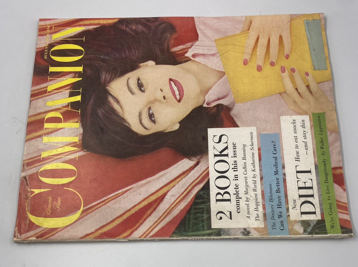 Woman’s Home Companion Magazine August 1956 showing the cover with a woman lying on a red and white striped surface, emphasizing two books included in the issue, a novel by Margaret Culkin Banning and a discussion on health.
