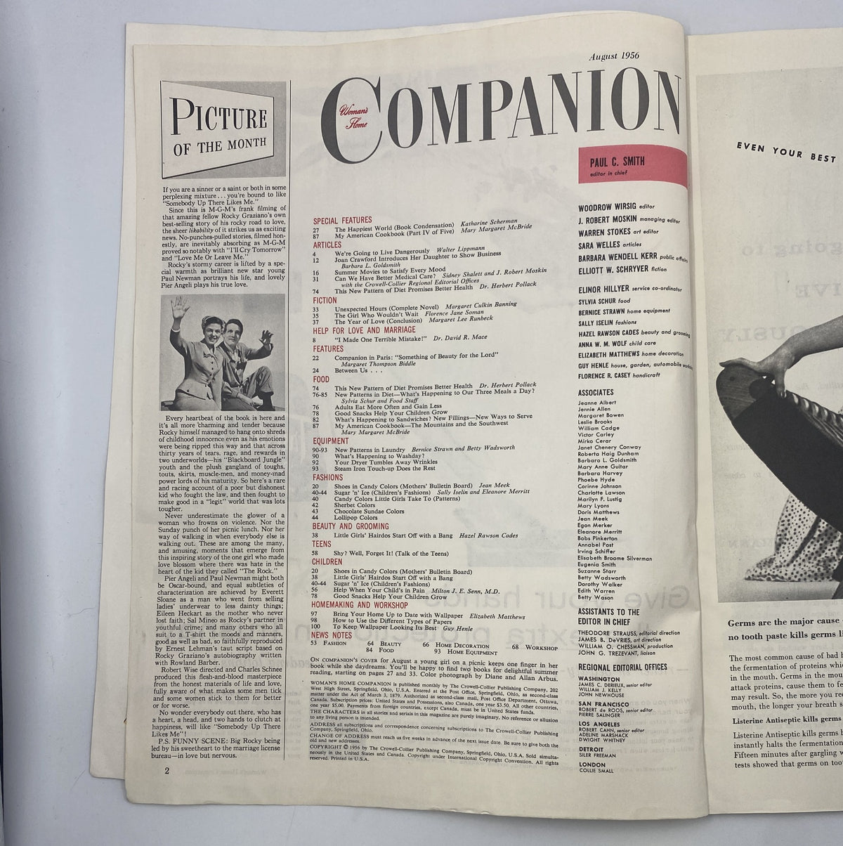 Inside page of Woman’s Home Companion Magazine August 1956 presenting the Table of Contents, featuring articles on health, beauty, and more, alongside a special feature listing.