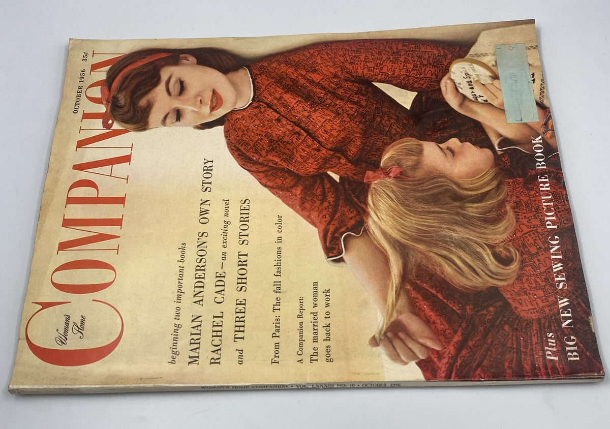 Close-up view of the Woman’s Home Companion Magazine October 1956 cover showcasing Marian Anderson and Rachel Cade. The title is prominent, and the design reflects the vintage aesthetic of mid-20th century magazines.