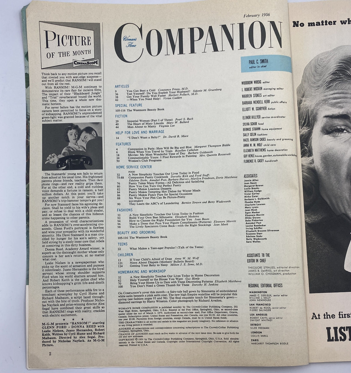 A detailed page from the Woman’s Home Companion Magazine February 1956 featuring the Table of Contents with articles and features, including 'You Can Beat a Cold' and 'The Westmore Beauty Book'. The magazine highlights historical content reflecting women's interests in health, beauty, and homemaking.
