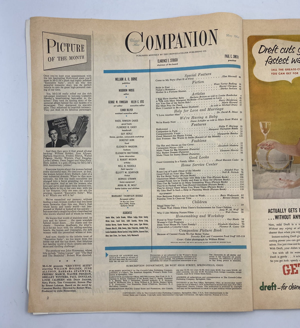 Interior page of the Woman’s Home Companion Magazine May 1954 displaying the Table of Contents, including various articles and features, all presented in a clean and vintage layout.