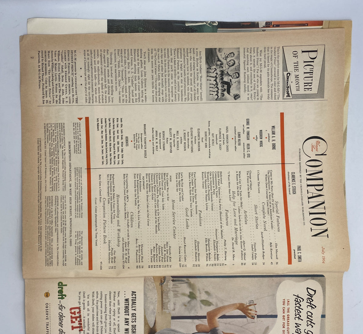 Inside page of the Woman’s Home Companion Magazine July 1954 revealing the table of contents and feature articles.