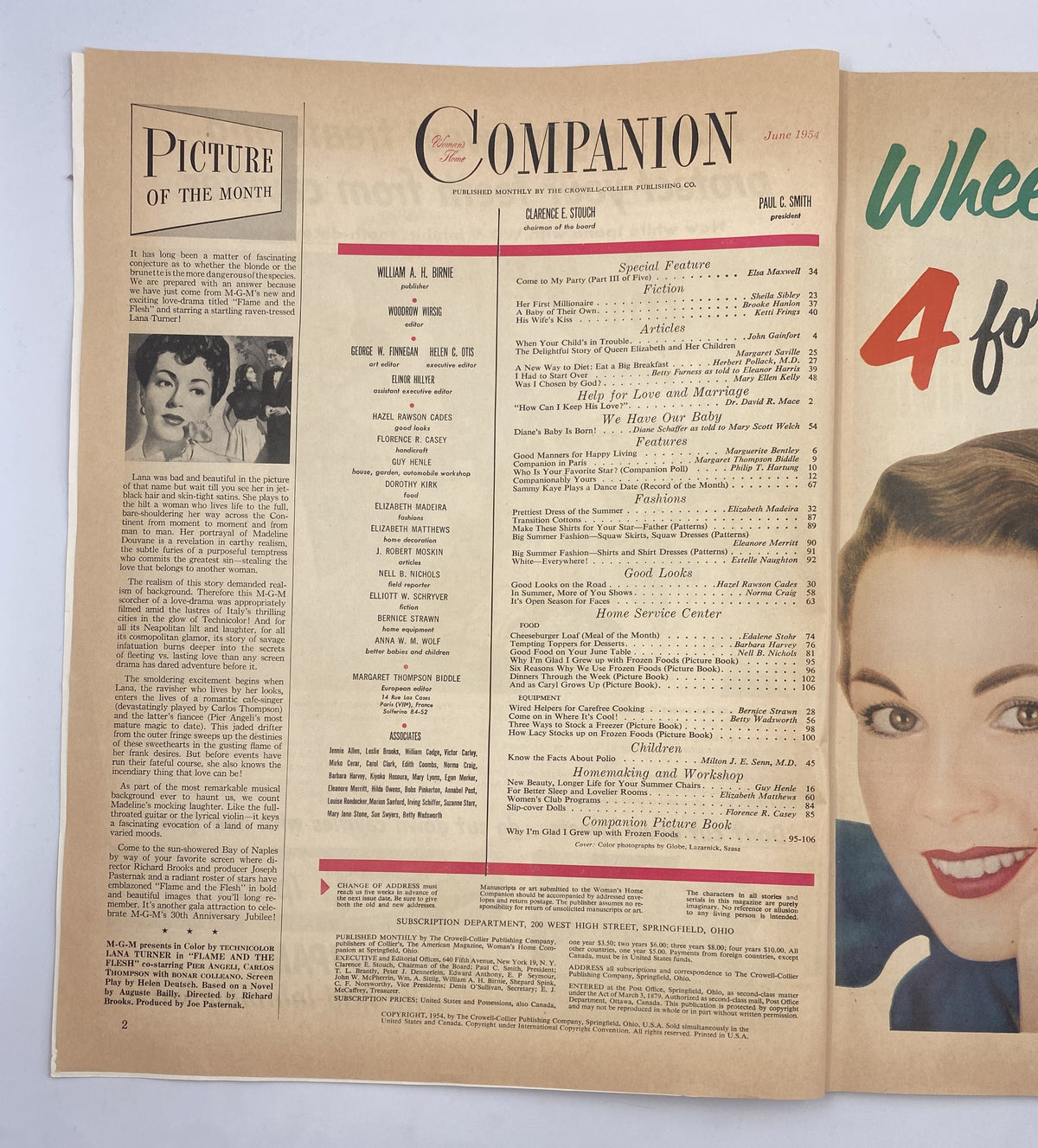 Inside page of the June 1954 Woman’s Home Companion Magazine, featuring the Table of Contents and article listings including sections on parenting and homemaking.