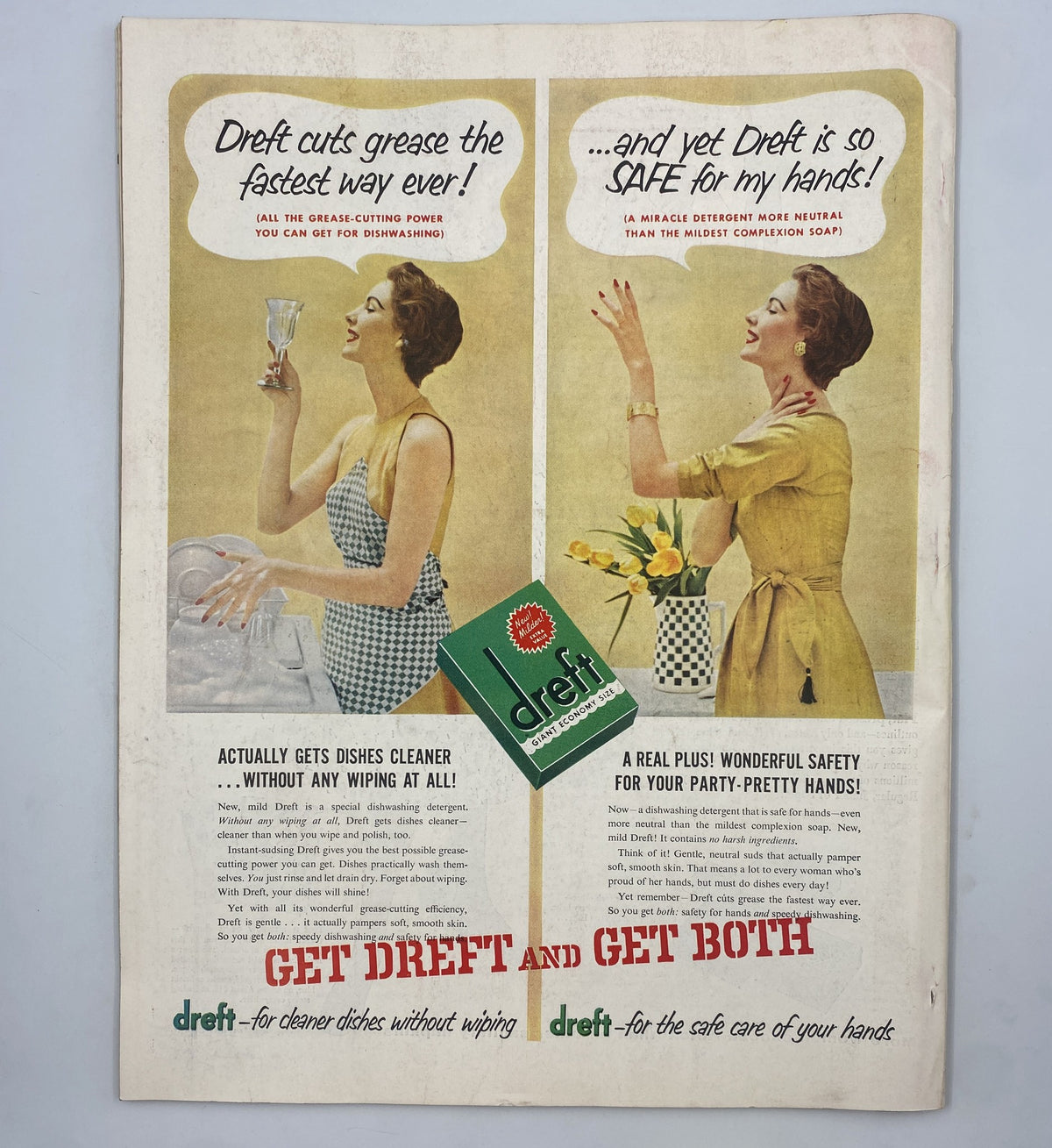 Back cover of the June 1954 Woman’s Home Companion Magazine, promoting Dreft dish cleaner with a vintage advertisement highlighting kitchen safety and convenience.