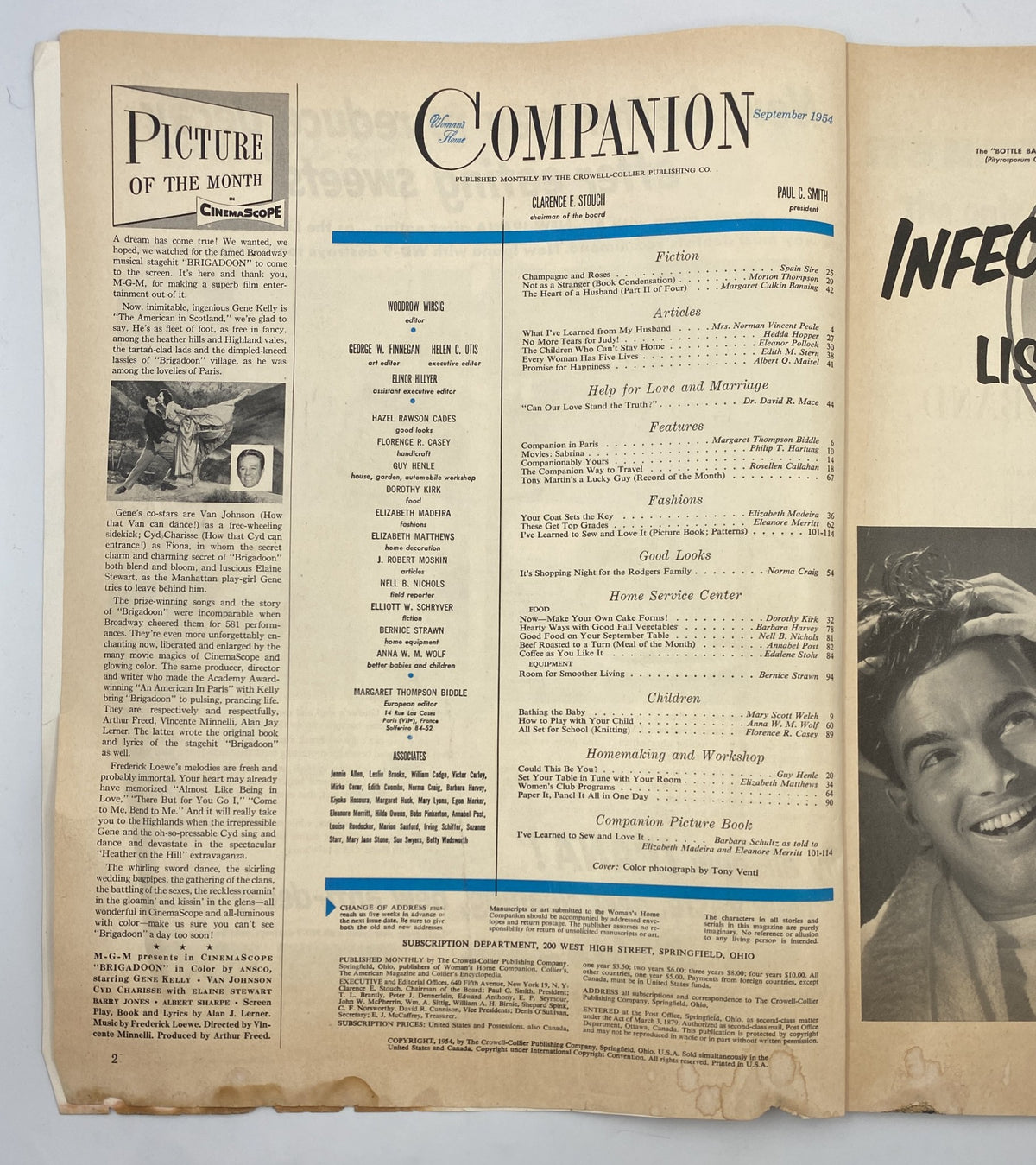 Interior page of Woman’s Home Companion Magazine September 1954 featuring the Table of Contents and details on articles, helping to showcase the magazine's content and layout.