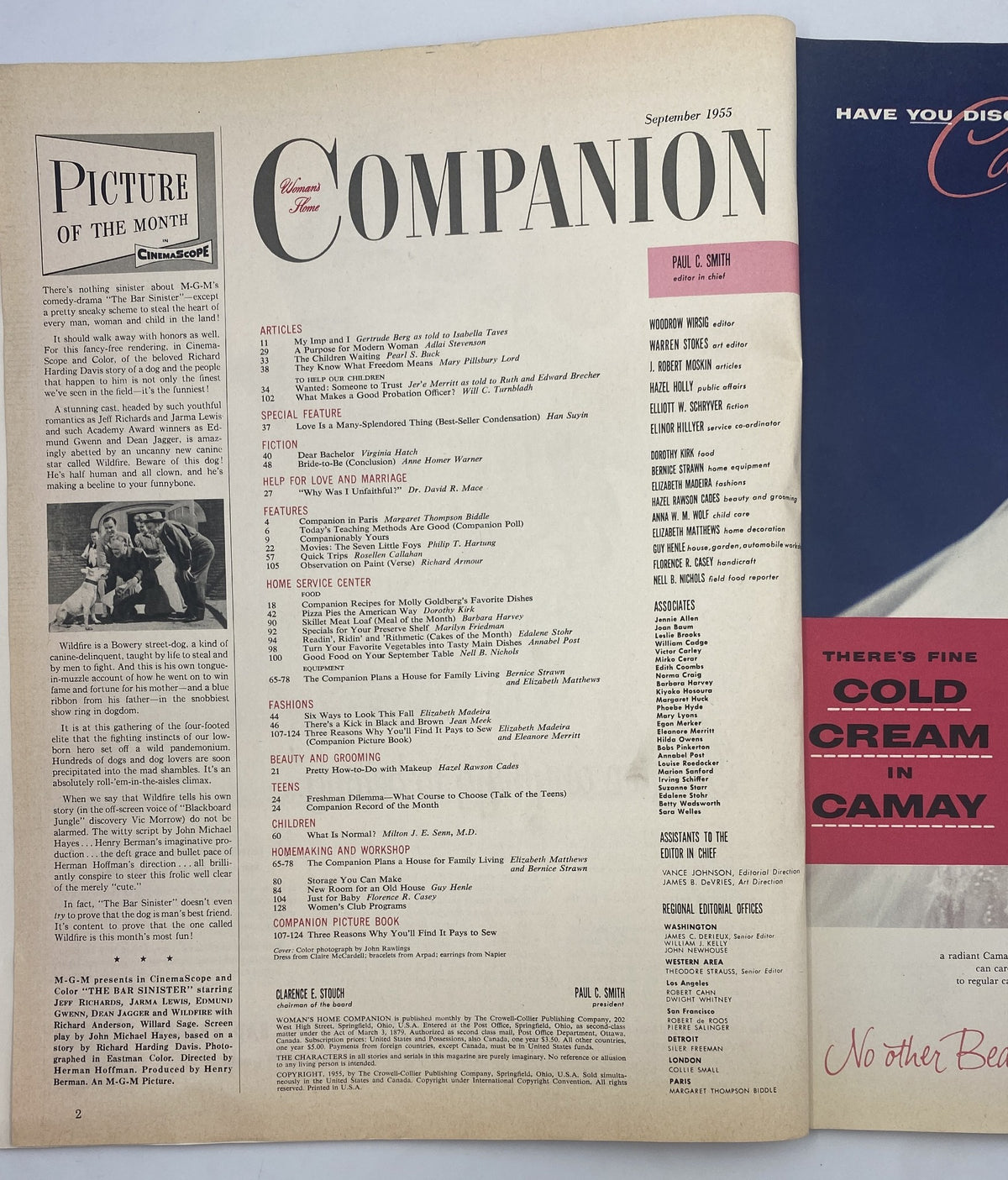 Table of contents from Woman's Home Companion Magazine September 1955 listing articles and features including 'The Shocking Scandal of Adoption' by Pearl S. Buck.