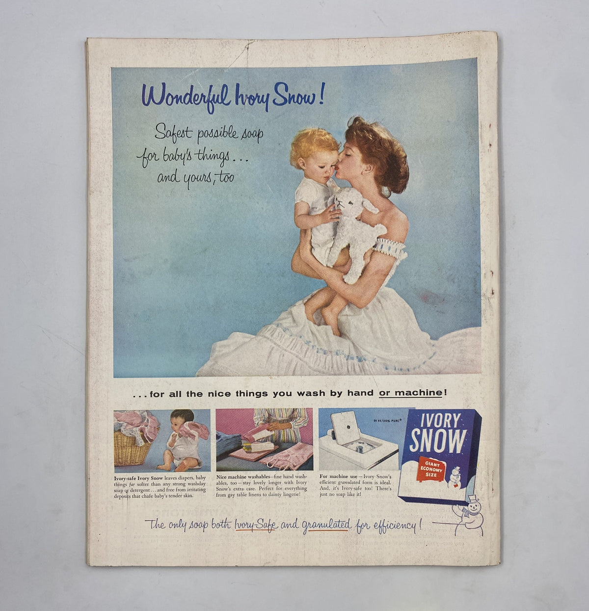 Back cover of Woman's Home Companion Magazine September 1955 featuring an advertisement for Ivory Snow soap with a mother and child, emphasizing the product's safety for babies.