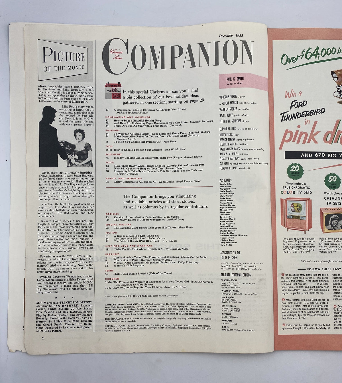 Woman's Home Companion Magazine December 1955 featuring the table of contents and article highlights for holiday ideas. Includes special features and columns by regular contributors.