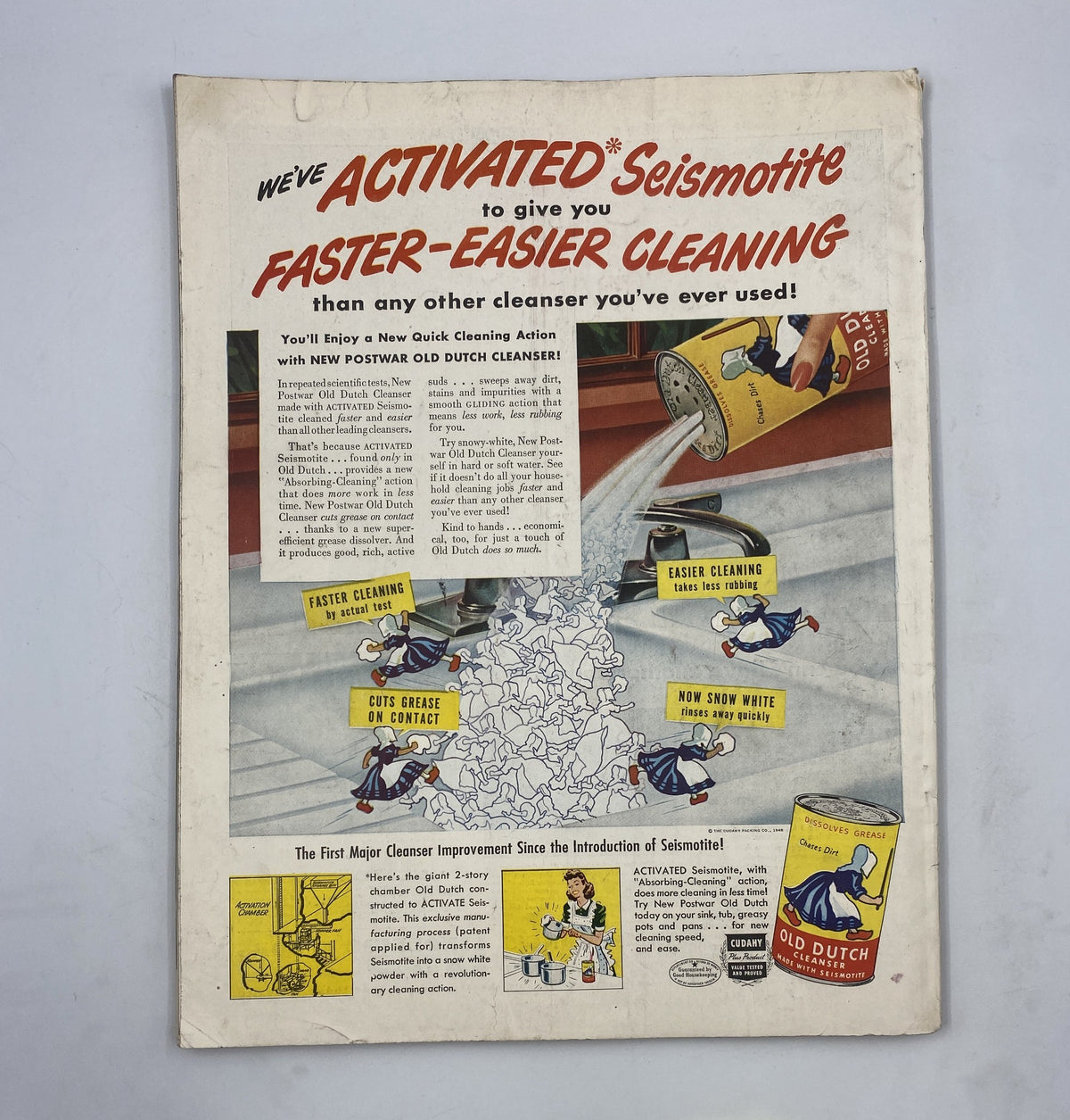 Advertisement from Woman’s Home Companion Magazine May 1948 showcasing Old Dutch Cleanser featuring 'Activated Seismotite' for faster and easier cleaning. The image illustrates the cleaning advantages of the product, aiming to attract homemakers with innovative cleaning solutions.