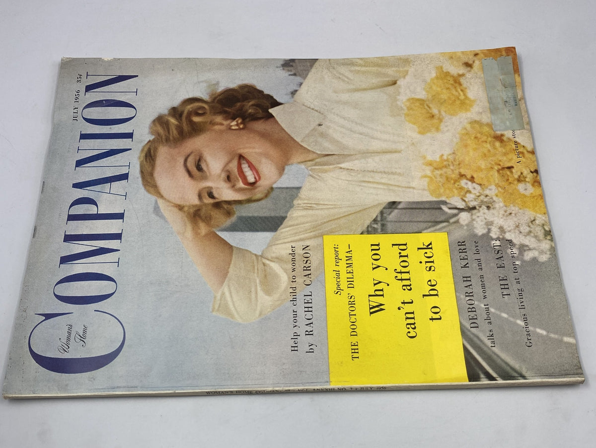 Alternate view of the Woman’s Home Companion Magazine July 1956 cover, showcasing a smiling Deborah Kerr with the feature 'Why You Can't Afford to be Sick' highlighted. The magazine emphasizes themes of family and wellness.