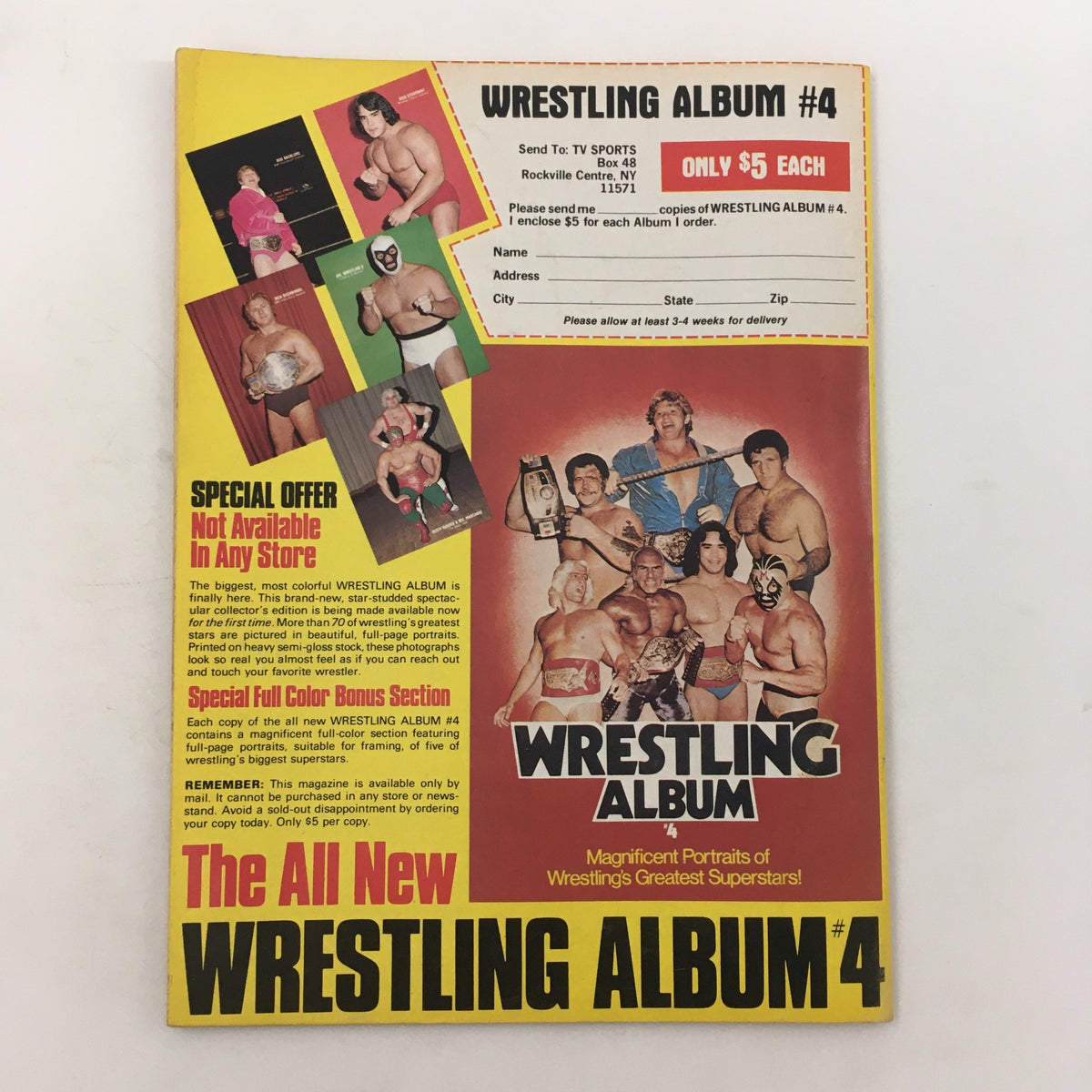 Back cover of Inside Wrestling Magazine January 1982, advertising Wrestling Album #4 with photos of famous wrestlers and details on ordering, highlighting wrestling collectibles.