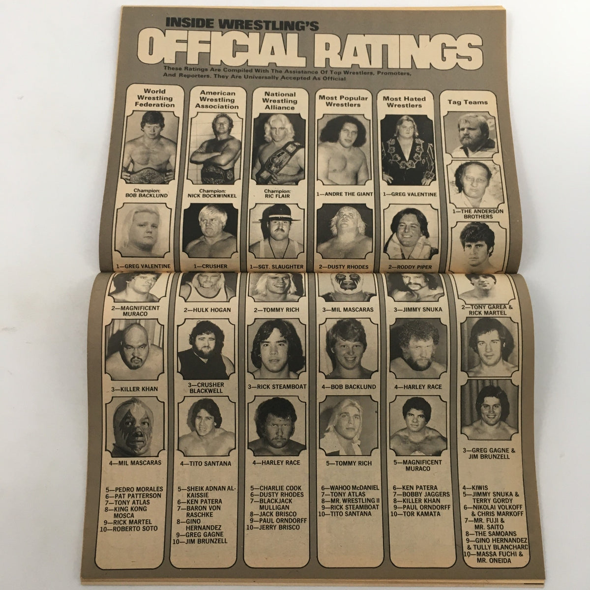 Inside Wrestling Magazine January 1982's official ratings page, presenting rankings of top wrestlers across promotions, including Ric Flair and other wrestling legends.
