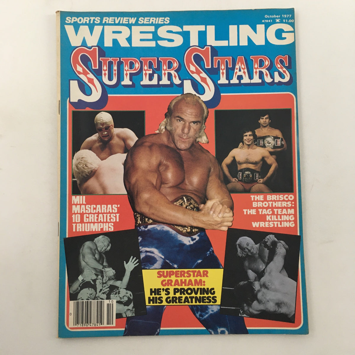 Wrestling Superstars Magazine October 1977 cover featuring Andre the Giant and Superstar Graham, showcasing vintage professional wrestling highlights, including Mil Mascaras' triumphs and the Brisco Brothers.
