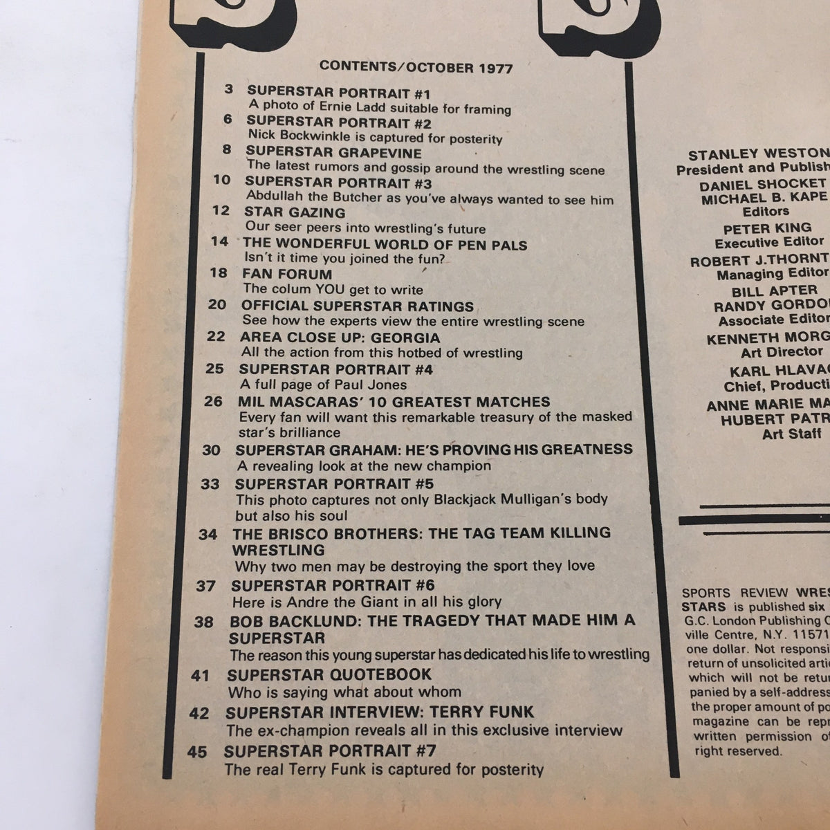Contents page of Wrestling Superstars Magazine October 1977 featuring sections and articles related to wrestling legends.