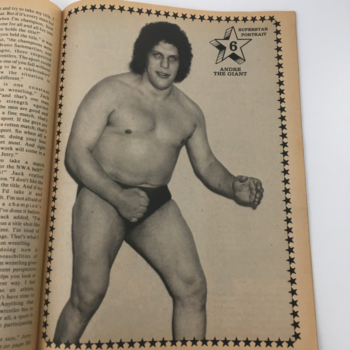 Superstar portrait of Andre the Giant featured in Wrestling Superstars Magazine October 1977, showcasing his iconic physique.