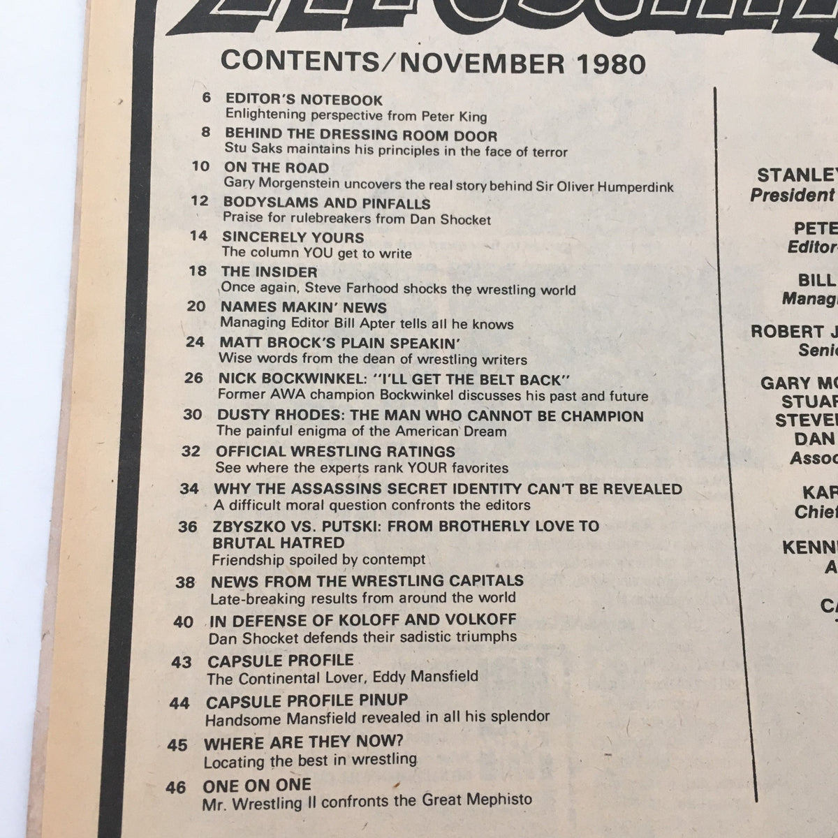Contents page of Inside Wrestling Magazine November 1980, detailing articles and features including insights on Larry Zbyszko vs Ivan Putski, editorials, and wrestling ratings, providing a comprehensive overview of wrestling topics from that era.
