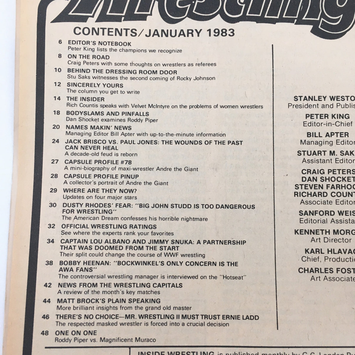 Contents page from Inside Wrestling Magazine, January 1983 detailing articles including Andre the Giant's capsule profile.