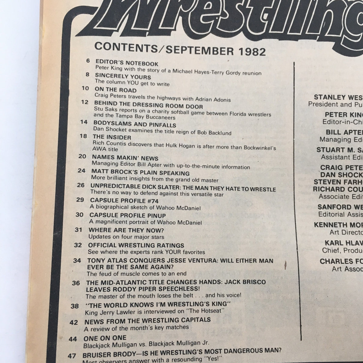 Contents page of Inside Wrestling Magazine September 1982, detailing articles and features including Tony Atlas vs. Jesse Ventura, showcasing the magazine's rich wrestling history.
