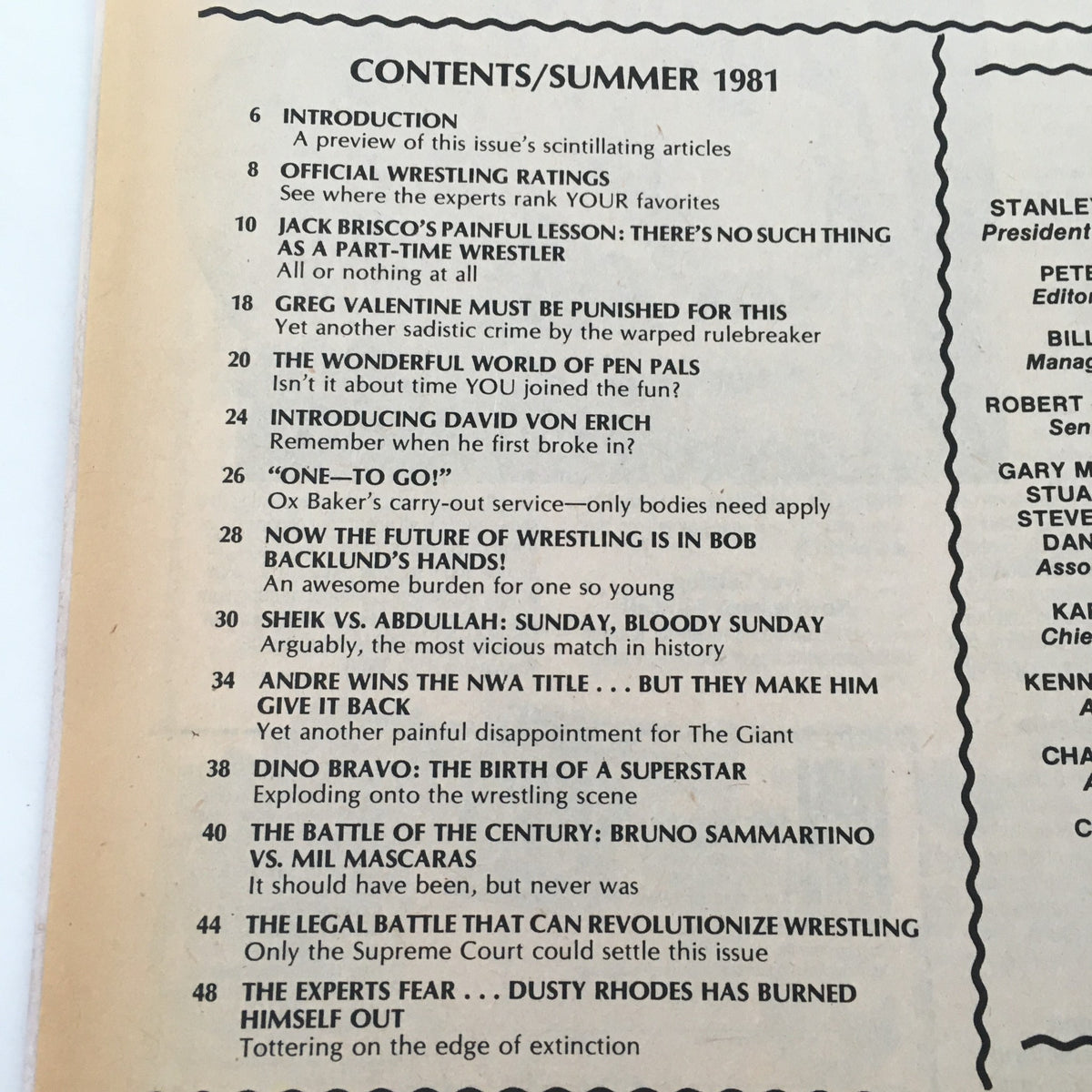 Contents page of The Best of Wrestler Magazine, Summer 1981, listing articles and features including Andre the Giant's NWA title win and other wrestling insights.