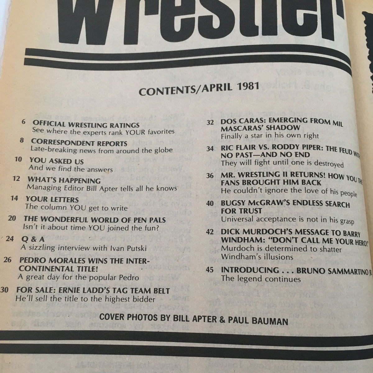 The contents page of The Wrestler Magazine April 1981 showcasing articles including Ric Flair vs. Roddy Piper: The Feud and other wrestling-related topics.