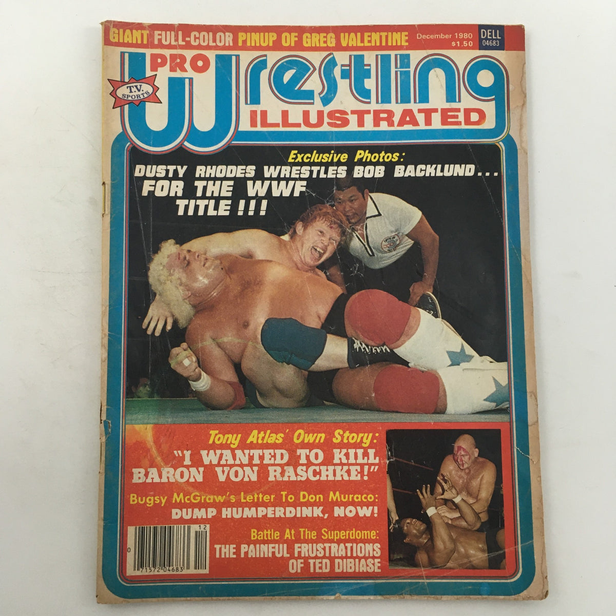 Pro Wrestling Illustrated Magazine December 1980 cover featuring Dusty Rhodes wrestling Bob Backlund for the WWF title. The vintage magazine showcases wrestling memorabilia from a pivotal era.