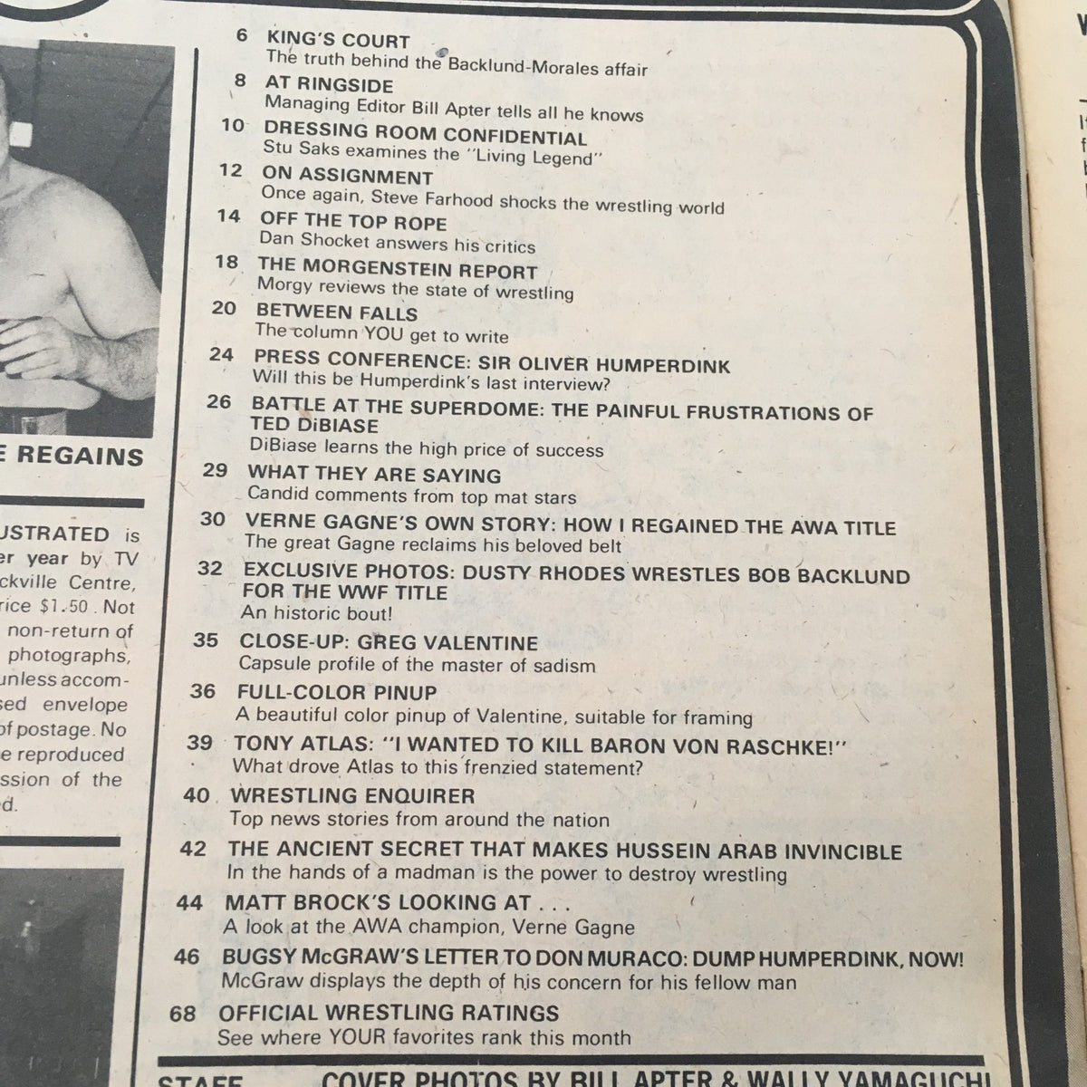 Pro Wrestling Illustrated Magazine December 1980 interior page listing contents, including features on Dusty Rhodes, Bob Backlund, and Tony Atlas. This page highlights the magazine’s unique insights into wrestling history.