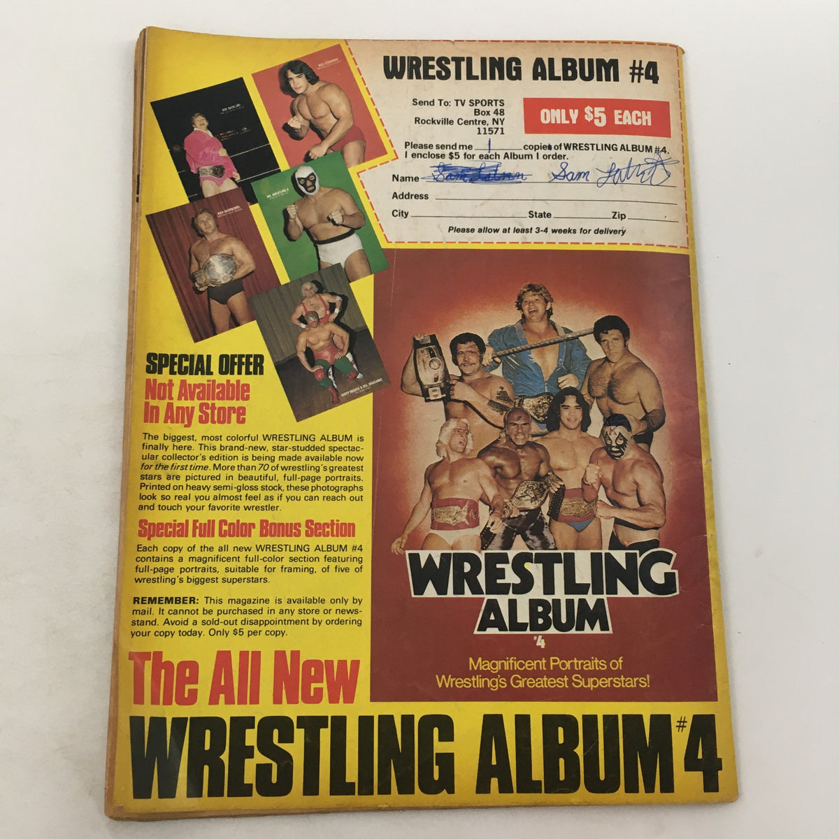 Back cover of Pro Wrestling Illustrated Magazine December 1980, promoting Wrestling Album #4 with images of wrestling superstars. An advertisement showcasing wrestling collectibles from the era.