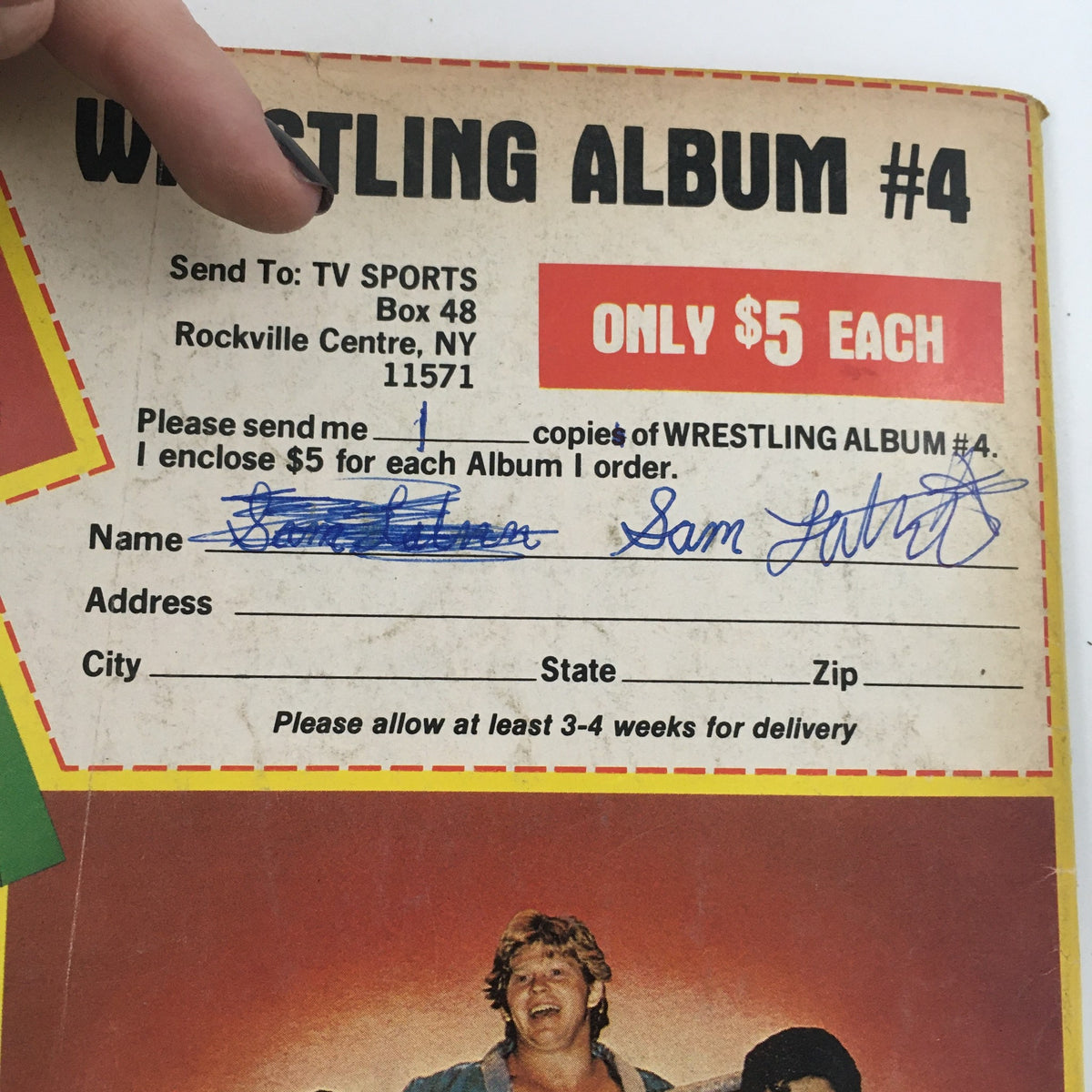 Order form on the back of Wrestling Album #4, from Pro Wrestling Illustrated Magazine December 1980. It contains details for ordering the album featuring portraits of wrestling legends.