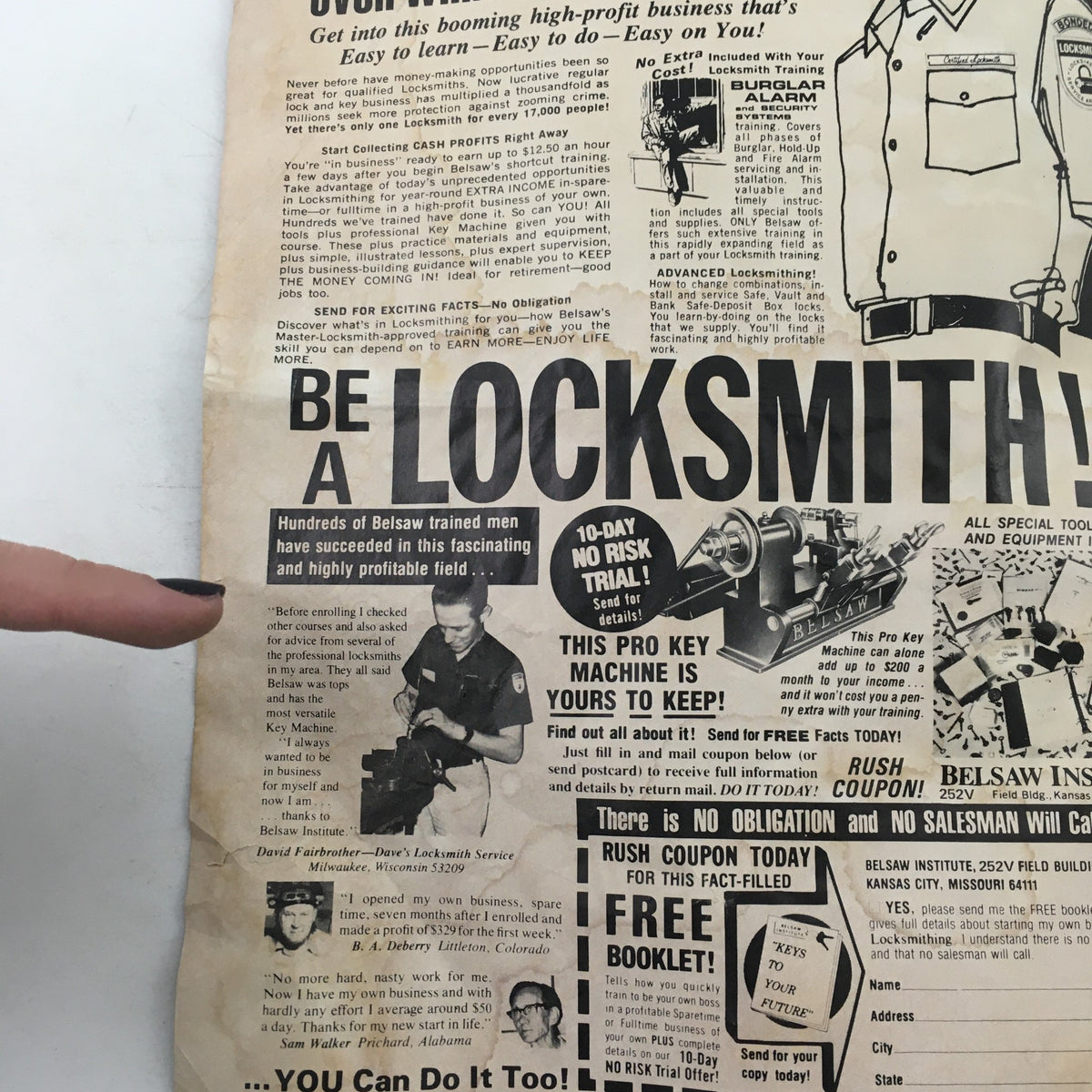 Promotional page from Sports Review Wrestling December 1981 featuring a locksmith advertisement, relevant to the title 'Sports Review Wrestling December 1981 Magnificent Muraco and Bob Backlund'. The image showcases text encouraging readers to become locksmiths with cautious claims of high profitability alongside images of locksmith tools.