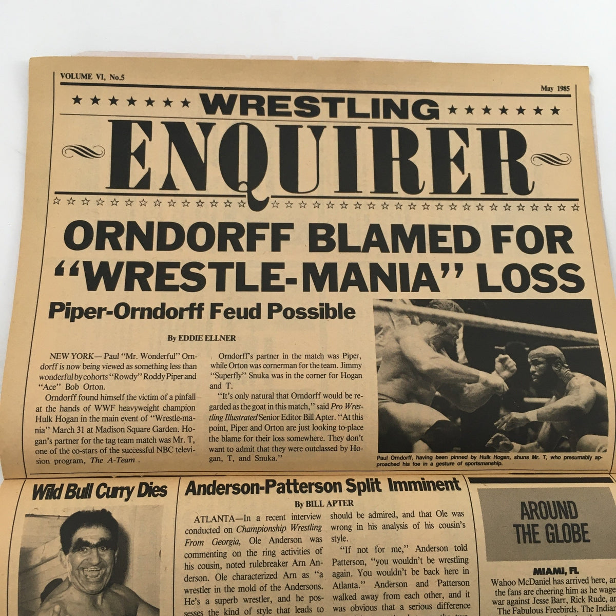 Wrestling Enquirer May 1985 headline news article discussing Orndorff's blame for Wrestle-Mania loss, featuring an action shot from the match.