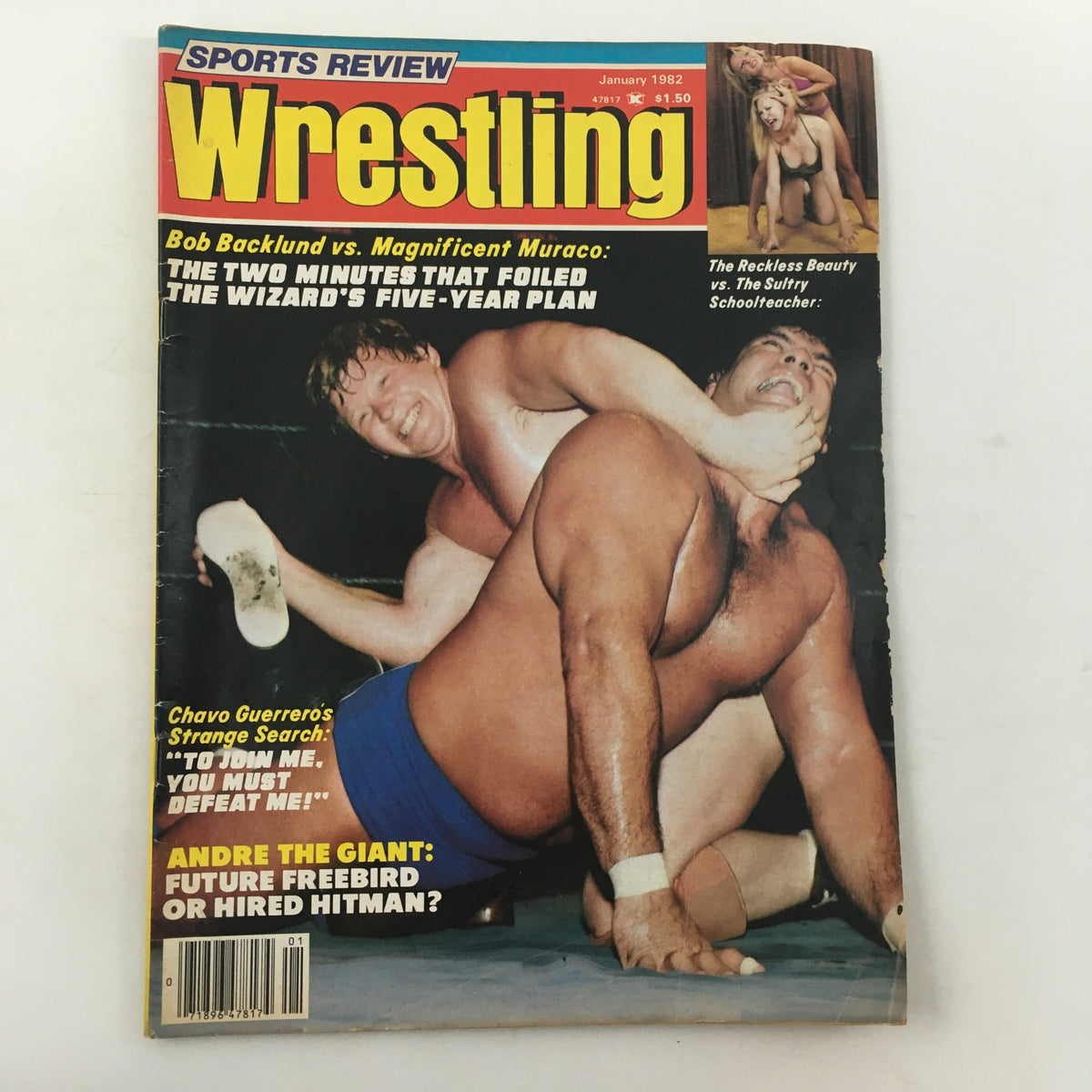 Cover of Sports Review Wrestling Magazine January 1982 featuring Andre the Giant and a wrestling match between Bob Backlund and Magnificent Muraco.