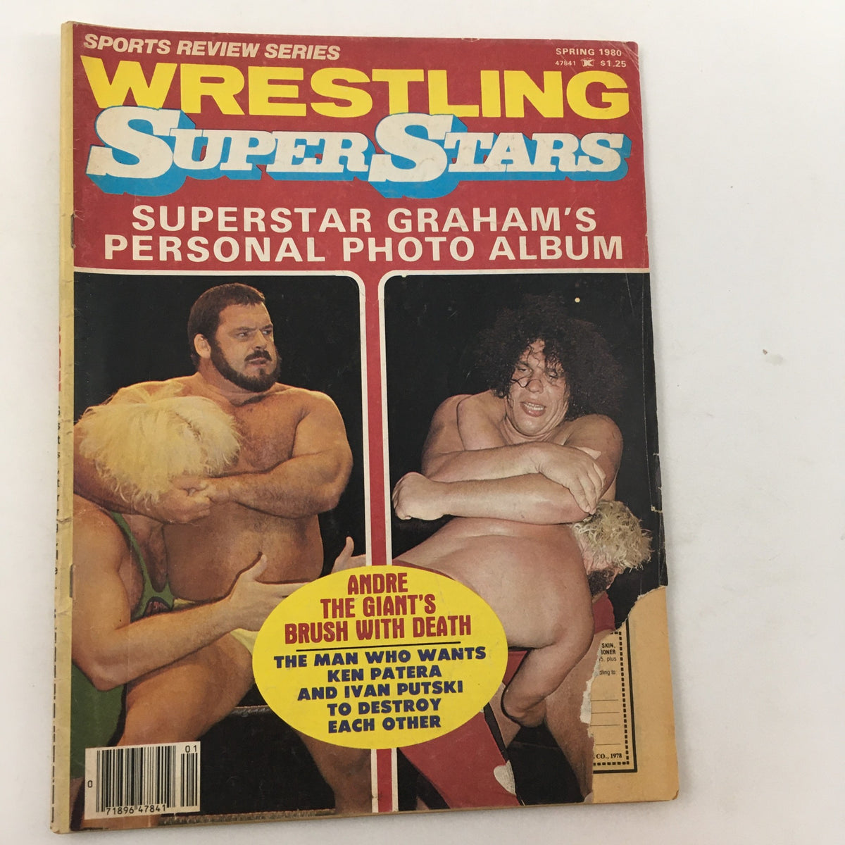 Cover of Wrestling Superstars Magazine Spring 1980 featuring Andre The Giant and Ken Patera, showcasing a vintage wrestling theme with a focus on key matches and notable wrestlers.